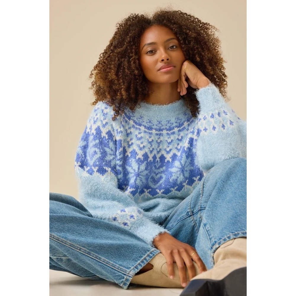 Altar'd State Blue Fair Isle Fuzzy Eyelash Knit Sweater Size XS NWT